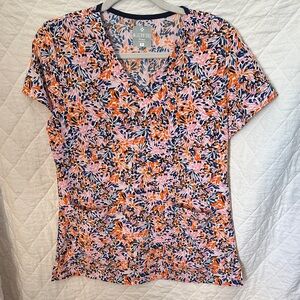 Med Couture Women's Short Sleeve Floral Scrub Top - Pink, Orange, and Blue